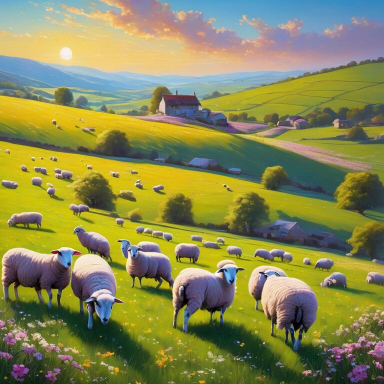 Blossoming Fields Bathed in Sunlight, with Flocks of Sheep Grazing in the Background